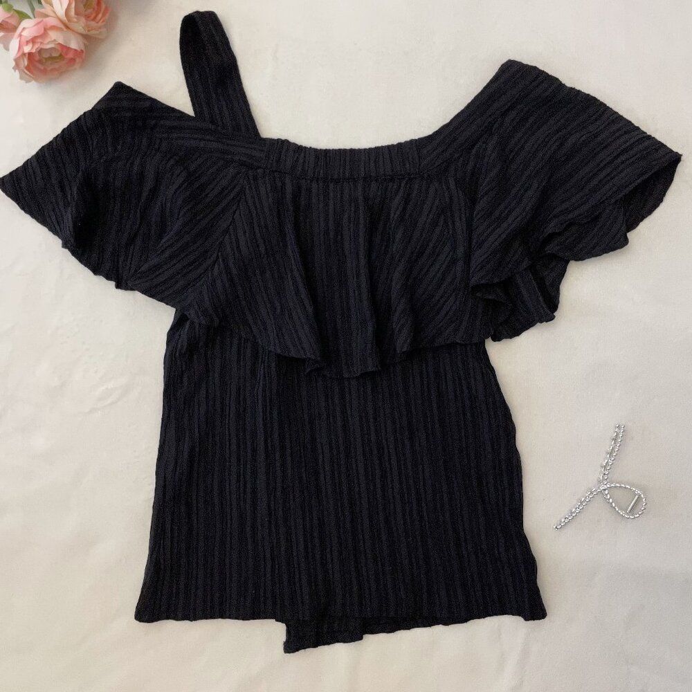 Black Ruffled One-Shoulder Top